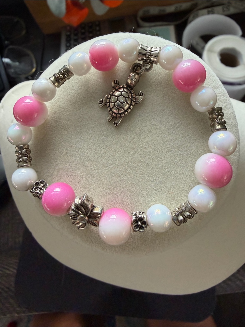 Handmade Pink & White Beaded Turtle Charm Bracelet